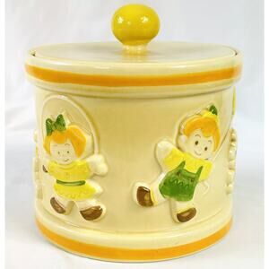 Vtg Metlox Poppytrail Drum Cookie Jar Canister w/ Lid Children Kids Playing
